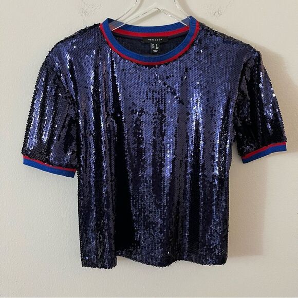 New‎ Look sequin Blue Red Short Sleeve top size small NWT - Picture 1 of 11